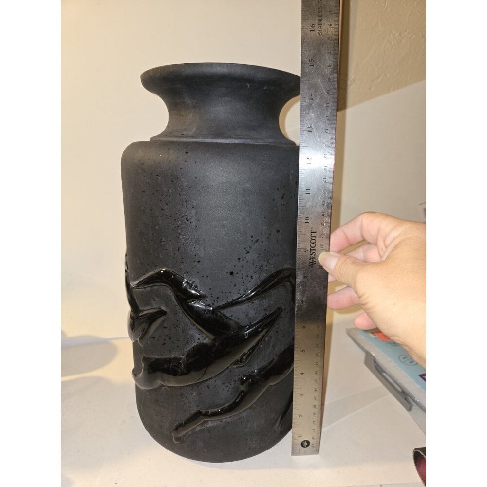 Vintage Matte Black Vase With Shiny Jumping Gazelles Relief
